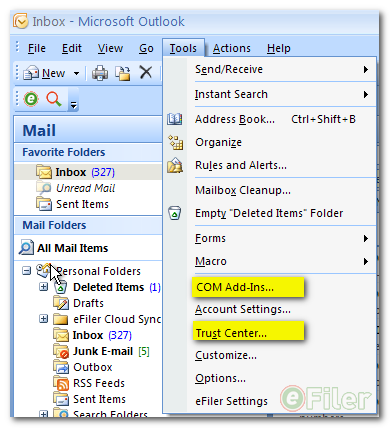 Working with Com Add Ins and Outlook Trust Center Outlook 2007 - eFiler