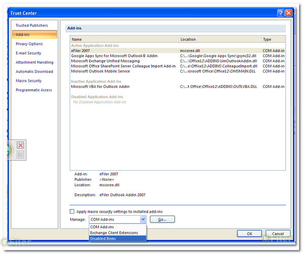 how to enable disable add ins outlook 2007